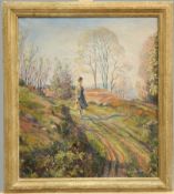 JACOB KRAMER (1892-1962), LADY WALKING ALONG A PATH, signed lower right, oil on canvas, framed. 39.