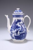 A WORCESTER COFFEE POT, CIRCA 1775-90, pear-shaped, blue printed with the Fisherman and Cormorant