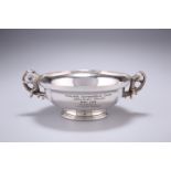 A GEORGE VI OMAR RAMSDEN SILVER BOWL, London 1938, circular planished dish with branch handles