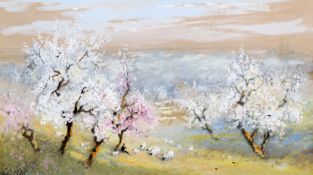 WILLIAM MILLER, SHEEP AND A FLAUTIST IN A BLOSSOM FILLED LANDSCAPE