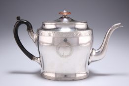 A GEORGE III SILVER-PLATED TEAPOT, of oval form with hinged lid, tall oval body with foliate band,