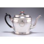 A GEORGE III SILVER-PLATED TEAPOT, of oval form with hinged lid, tall oval body with foliate band,