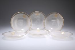 A SET OF SIX MID 19TH CENTURY GLASS DISHES, frosted centres with gilt rims and each engraved with