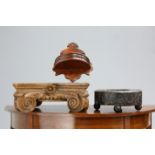 TWO ANTIQUE OAK CARVINGS, together with A VICTORIAN MAHOGANY WALL POCKET (3)The absence of a