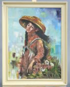 SUN KAT CHAN (CHINESE, 20TH CENTURY), THE FLOWER PICKER, signed lower right, oil on canvas,