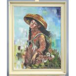 SUN KAT CHAN (CHINESE, 20TH CENTURY), THE FLOWER PICKER, signed lower right, oil on canvas,