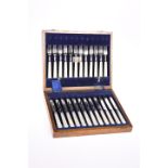 A SET OF TWELVE GEORGE V DESSERT KNIVES AND FORKS, by Atkin Brothers, Sheffield 1930, with mother-