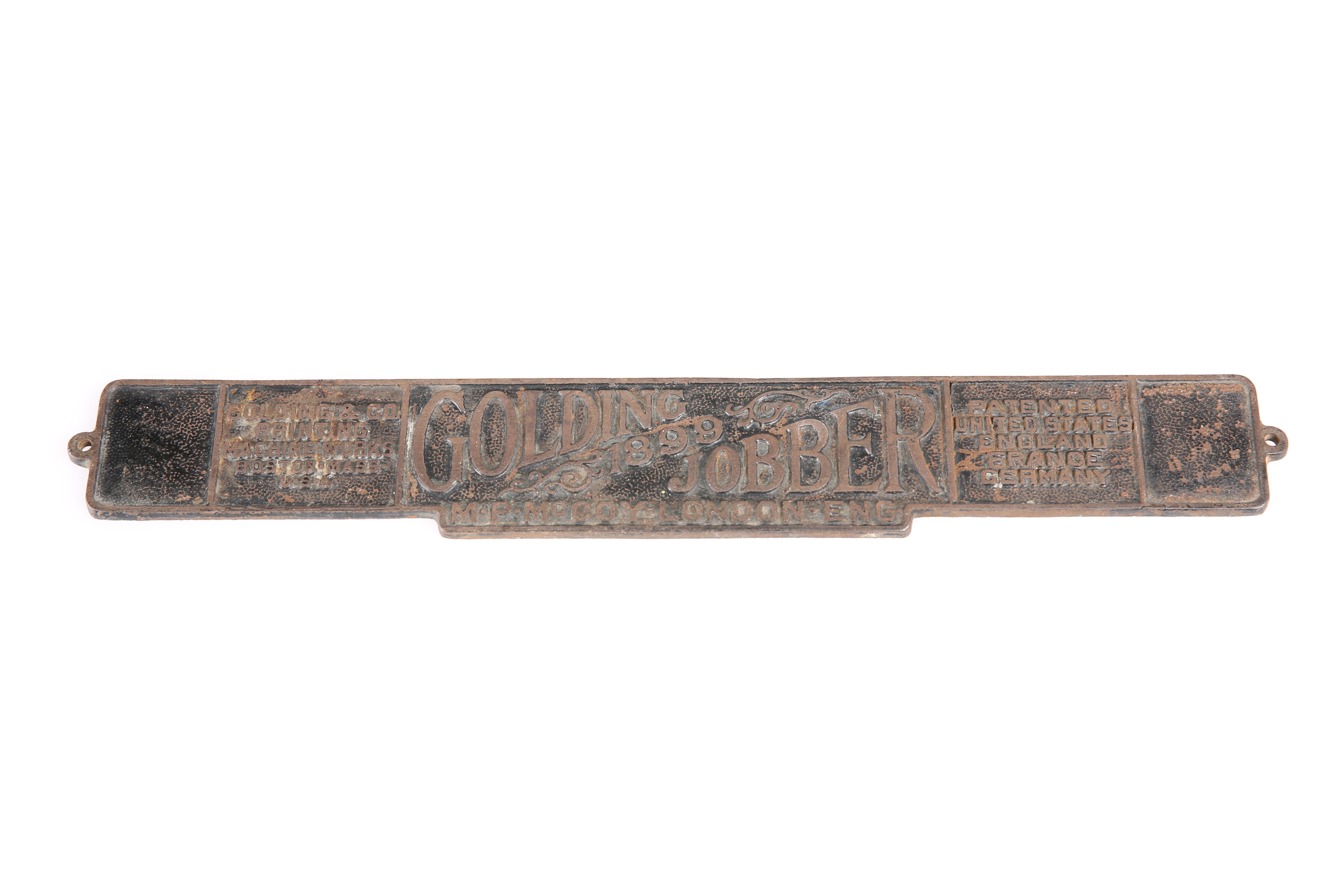 A GOLDING JOBBER PRINTING PRESS PLATE, DATED 1899. 33cm long