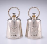 A PAIR OF EDWARDIAN SILVER MILK CHURN PEPPER GRINDERS, by Joseph Braham, London 1901, each with