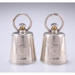 A PAIR OF EDWARDIAN SILVER MILK CHURN PEPPER GRINDERS, by Joseph Braham, London 1901, each with