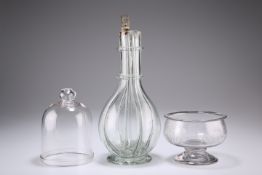 A GROUP OF GLASS, comprising a small cloche, blue cut-glass jug, bottle and footed bowl engraved