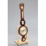 AN EARLY 19TH CENTURY STRING-INLAID MAHOGANY BANJO PATTERN BAROMETER, with silvered dials and swan-