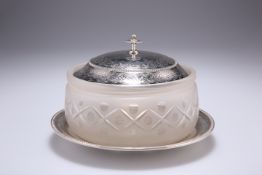 A VICTORIAN GLASS BUTTER DISH WITH SILVER LID, by Thomas Bradbury & Sons (Joseph and Edward