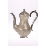 A KASHMIRI WHITE METAL COFFEE POT, 19TH CENTURY, of waisted baluster form, decorated with