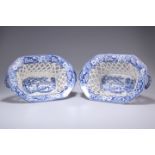 A PAIR OF EARLY 19TH CENTURY BLUE AND WHITE PEARLWARE CHESTNUT BASKETS, of canted rectangular form