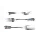 A GROUP OF THREE YORK SILVER FORKS, comprising a table fork, by James Barber & William North, York