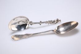 TWO CONTINENTAL SILVER TABLE SPOONS, 18TH CENTURY, the first dated 1796, with hour glass handle,