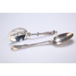 TWO CONTINENTAL SILVER TABLE SPOONS, 18TH CENTURY, the first dated 1796, with hour glass handle,