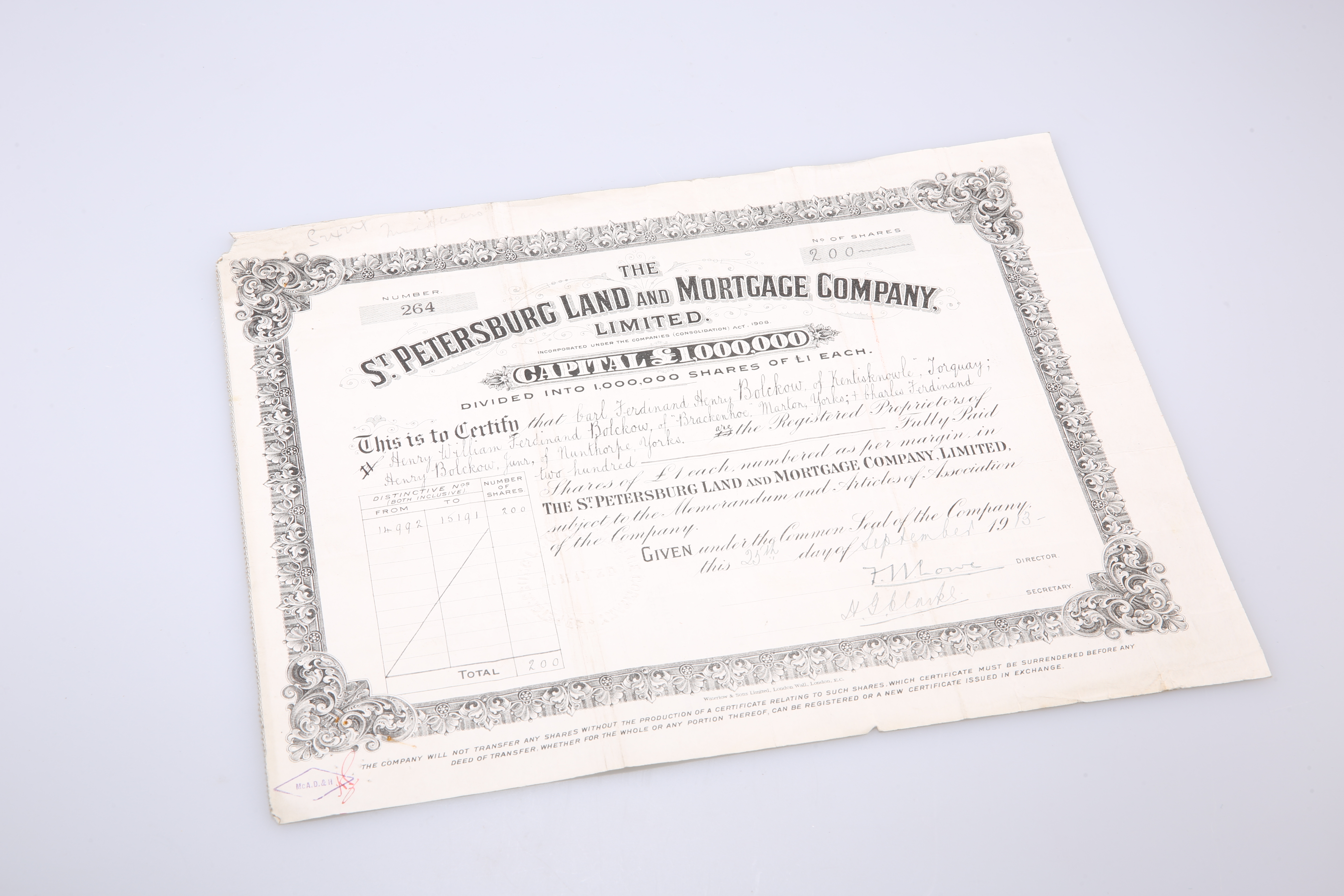 A ST. PETERSBURG LAND AND MORTGAGE COMPANY SHARE CERTIFICATE, for Carl, Henry and Charles Bolckow,