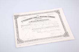 A ST. PETERSBURG LAND AND MORTGAGE COMPANY SHARE CERTIFICATE, for Carl, Henry and Charles Bolckow,