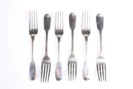 A SET OF SIX VICTORIAN SILVER DESSERT FORKS, by John Hawkins, London 1842, Fiddle pattern. 17.2cm