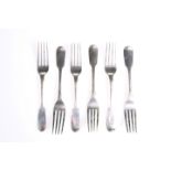 A SET OF SIX VICTORIAN SILVER DESSERT FORKS, by John Hawkins, London 1842, Fiddle pattern. 17.2cm