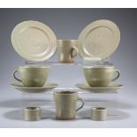 A GROUP OF LEACH POTTERY CELADON TABLE WARES, comprising four bowls, four tea cups and five saucers,