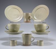 A GROUP OF LEACH POTTERY CELADON TABLE WARES, comprising four bowls, four tea cups and five saucers,