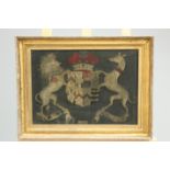 ~ AN 18TH CENTURY STUMPWORK COAT OF ARMS FOR LORD DE SAUMAREZ OF GUERNSEY, framed. Overall 38cm by