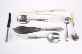 A PAIR OF VICTORIAN SILVER-PLATED SALAD SERVERS, with glass handles; together with A VICTORIAN