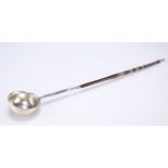 A GEORGE II SILVER METAL PUNCH LADLE, the bowl inset with a George II 1745 LIMA silver shilling,