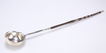 A GEORGE II SILVER METAL PUNCH LADLE, the bowl inset with a George II 1745 LIMA silver shilling,