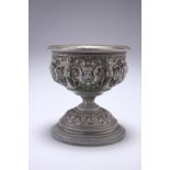 A RENAISSANCE STYLE PEDESTAL BOWL, 19TH CENTURY, cast with putti masks and bold C-scrolls. 15cm