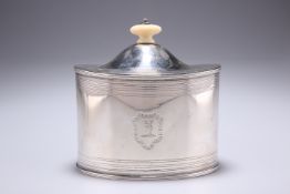 A VICTORIAN SILVER TEA CADDY, makers mark over struck, London 1887, of oval form with hinged lid