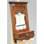 A VICTORIAN MAHOGANY WALL-HANGING MIRROR WITH GLOVE DRAWER. 39cm wide