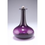 AN AMETHYST GLASS DECANTER, with hammered silver metal mounted cork stopper; A SQUARE-SECTION