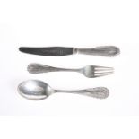 A GEORG JENSEN THREE PIECE SILVER CHRISTENING SUITE, c.1920s, comprising four-tine fork, spoon and