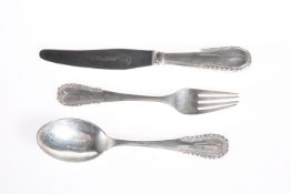 A GEORG JENSEN THREE PIECE SILVER CHRISTENING SUITE, c.1920s, comprising four-tine fork, spoon and