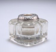 A GEORGE V SILVER-MOUNTED GLASS INKWELL, by Sigmund Zyto, London, no date letter. 7cm wide