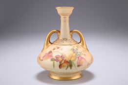 A ROYAL WORCESTER TWO-HANDLED BLUSH IVORY VASE, with moulded bands and painted with flowers, shape
