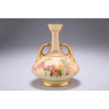 A ROYAL WORCESTER TWO-HANDLED BLUSH IVORY VASE, with moulded bands and painted with flowers, shape