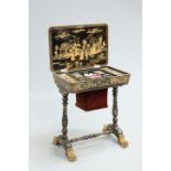 A CHINESE EXPORT LACQUER WORK TABLE, the hinged rectangular top with rounded corners, opening to