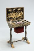 A CHINESE EXPORT LACQUER WORK TABLE, the hinged rectangular top with rounded corners, opening to