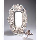 A 19TH CENTURY SILVERED METAL WALL SCONCE, the cartouche-shaped back repousse with acanthus