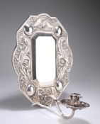 A 19TH CENTURY SILVERED METAL WALL SCONCE, the cartouche-shaped back repousse with acanthus