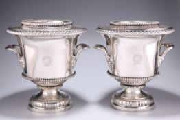 A PAIR OF GEORGIAN SILVER-PLATED WINE COOLERS, of tapered cylindrical form, the removable beaded rim