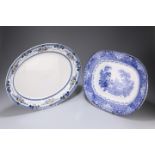 A DOULTON BLUE AND WHITE 'WATTEAU' MEAT DISH, 38cm by 30.5cm; together with A TRANSFER-PRINTED