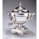 A RARE GEORGE III PAUL STORR SILVER TEA URN ON STAND, London 1802, the removable lid with wrythen