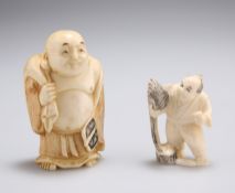 A JAPANESE IVORY FIGURE, 19TH CENTURY, carved as a buddha, signed, 6.1cm; together with A JAPANESE