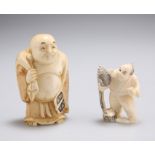 A JAPANESE IVORY FIGURE, 19TH CENTURY, carved as a buddha, signed, 6.1cm; together with A JAPANESE